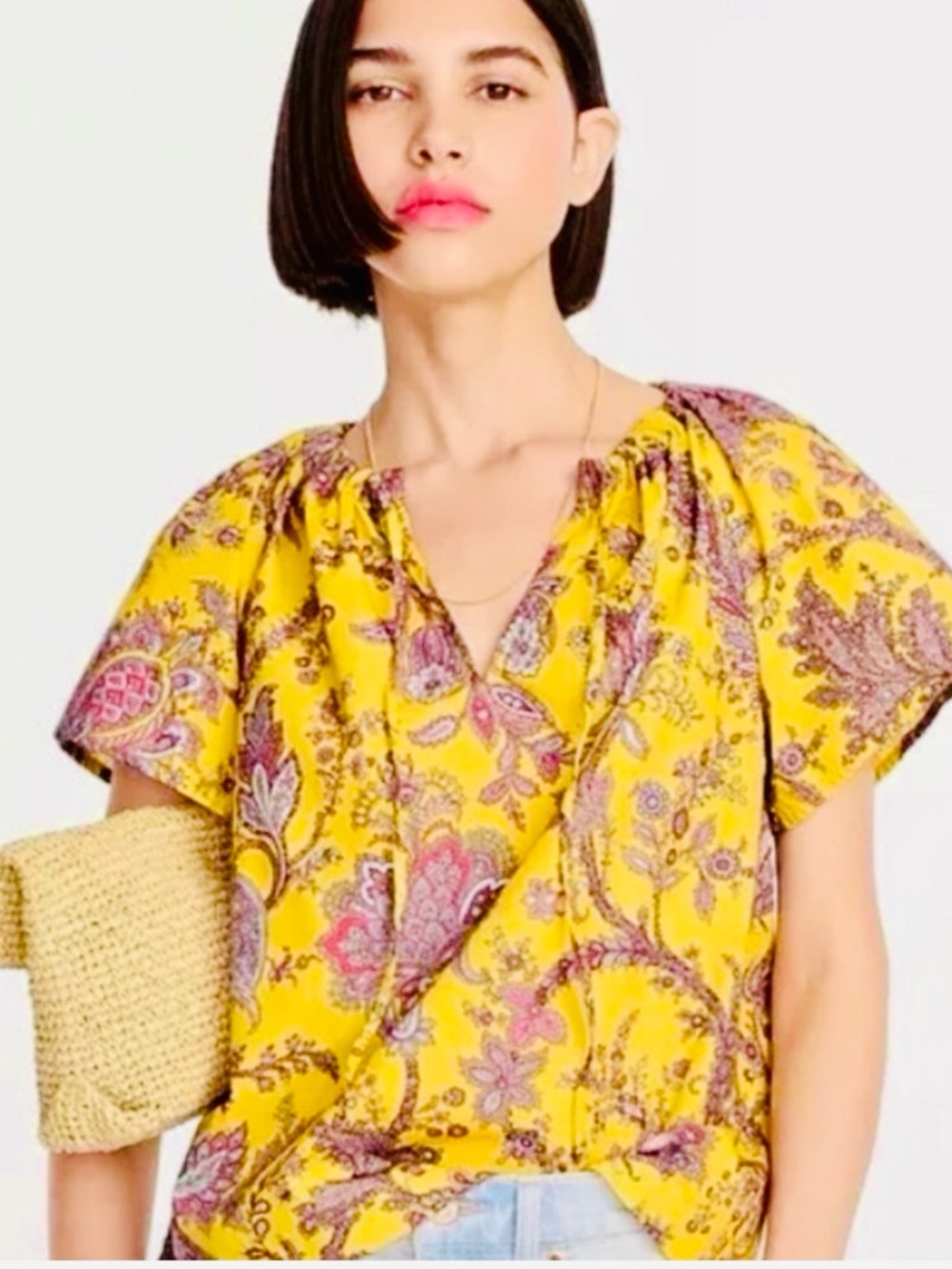 J. Crew Boho Sunrise Yellow Relaxed Cotton Cool Short-Sleeve Blouse V- Neck SM
